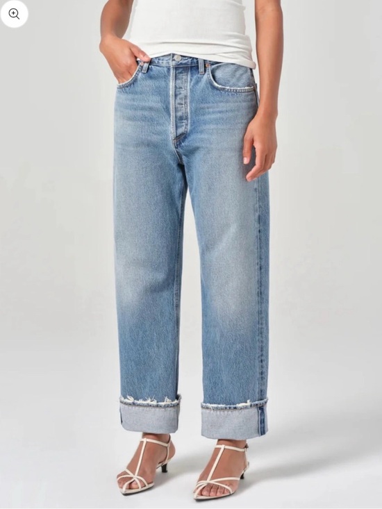 Agolde Denim - Agolde Faded Light Blue Straight Leg Jeans with Rolled Fray Hem
